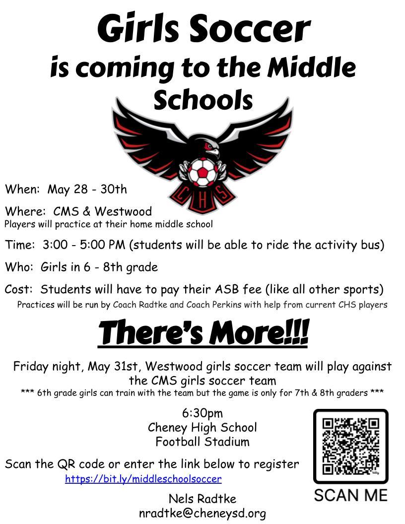 Girls Soccer is coming to Cheney Middle School